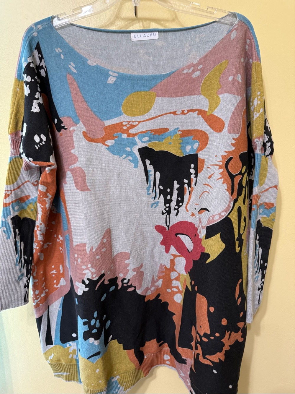 Ella  Zhu Multicolor Abstract Scoop Neck Knit Top with Teal Trim